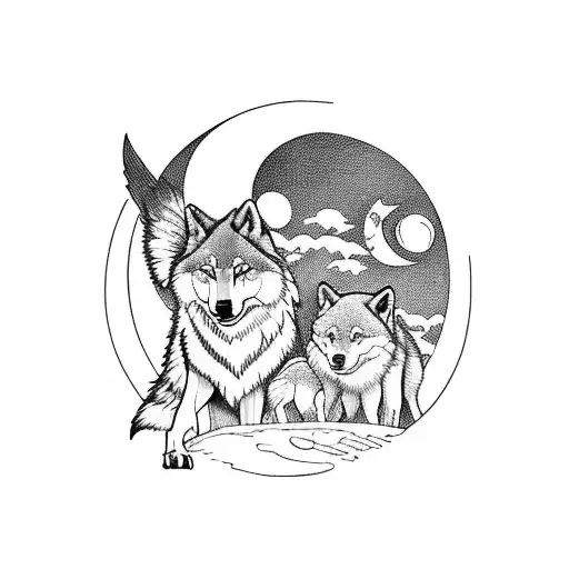 2 wolves and a cub wrapped up asleep with a wolfcub in the background holwing at the moon  tattoo design idea