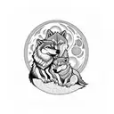 2 wolves and a cub wrapped up asleep with a wolfcub in the background holwing at the moon  tattoo design idea