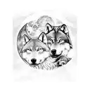 2 wolves and a cub wrapped up asleep with a wolfcub in the background holwing at the moon  tattoo design idea