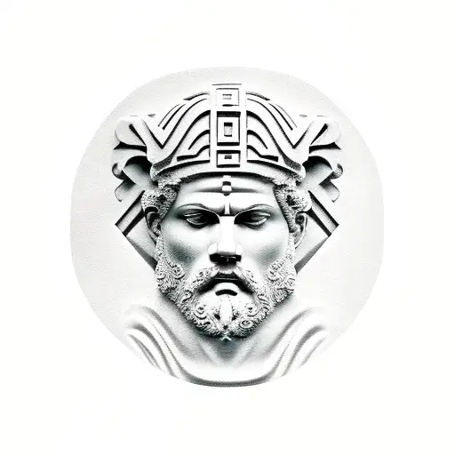 Stoic Greek face surrounded by elements representing stoic philosophy applied to human condition  tattoo design idea