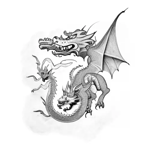 A panther and dragon facing each other, with a guitar and piano on their respective sides tattoo design idea
