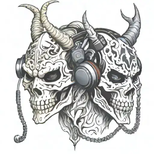 Create or draw a tattoo of an anonymous two face mixed double human-dragon skull in ski mask with headphones on, wearing tattoo design idea