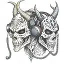 Create or draw a tattoo of an anonymous two face mixed double human-dragon skull in ski mask with headphones on, wearing tattoo design idea