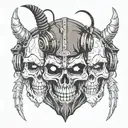 Create or draw a tattoo of an anonymous two face mixed double human-dragon skull in ski mask with headphones on, wearing tattoo design idea