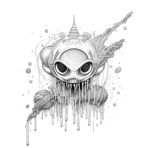 Drippy style, alien and spaceship, with outer space background, says "weird vibes only" tattoo design idea
