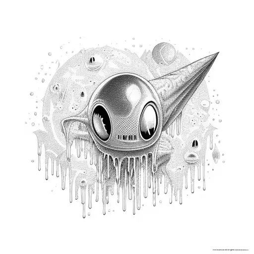 Drippy style, alien and spaceship, with outer space background, says "weird vibes only" tattoo design idea