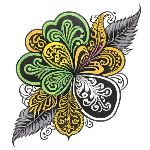Irish four leaf shamrock with a small New Zealand silver fern half green and gold, half purple and yellow tattoo design idea