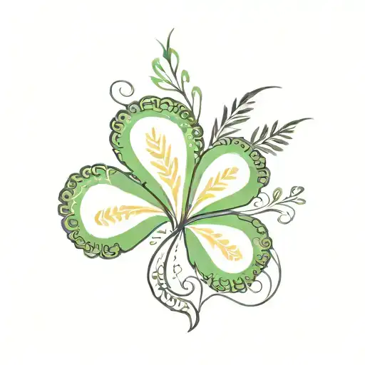 Irish four leaf shamrock with a small New Zealand silver fern half green and gold, half purple and yellow tattoo design idea