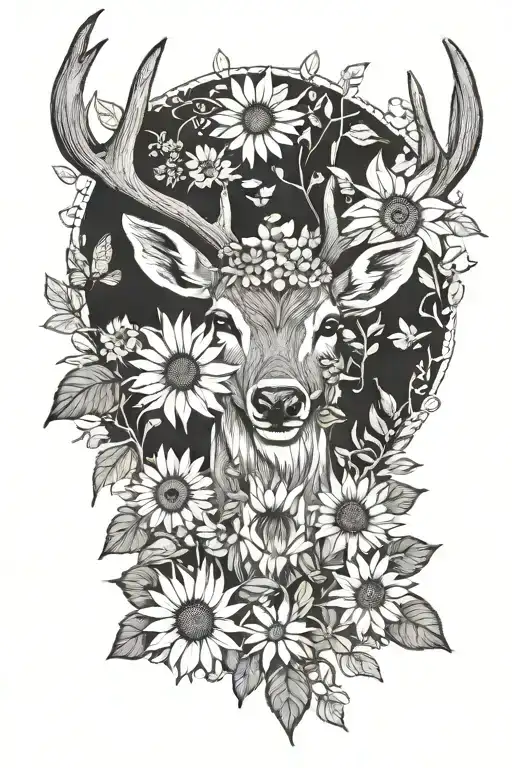 deer head with sunflowers, wildflowers intertwined and flying ladybugs tattoo design idea