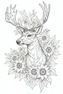 deer head with sunflowers, wildflowers intertwined and flying ladybugs tattoo design idea