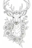deer head with sunflowers, wildflowers intertwined and flying ladybugs tattoo design idea