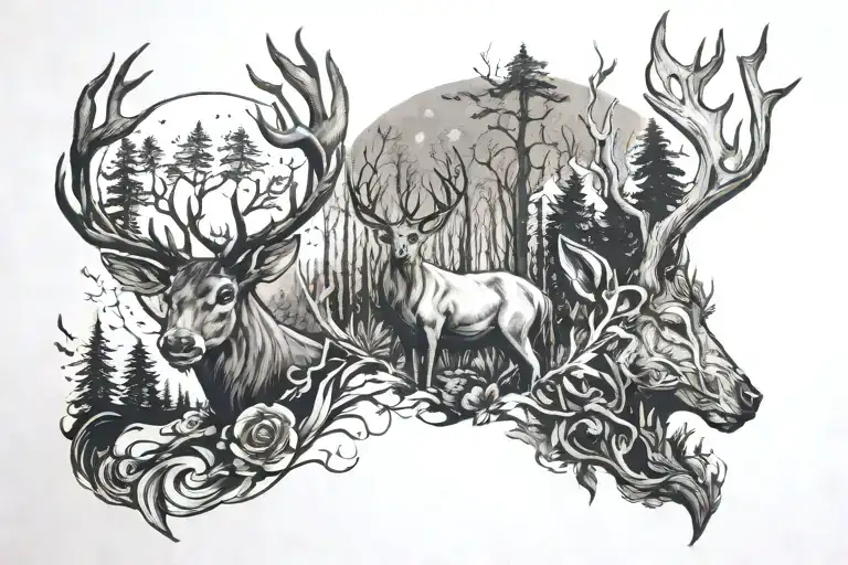 the creatipn of adam and deer and forest and brain tattoo design idea