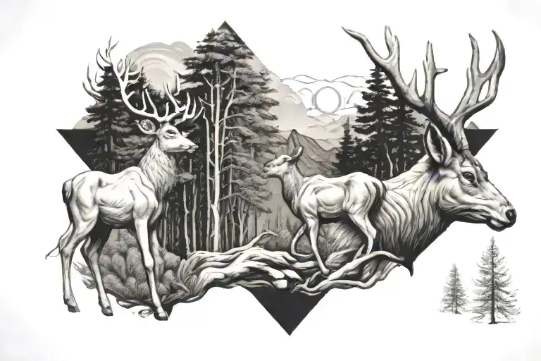 the creation of adam and deer and forest and brain tattoo design idea