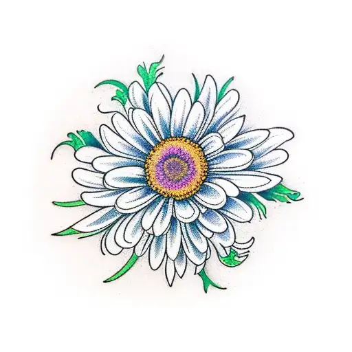 Bouquet of chrysanthemum, daisy, marigold, gladiolus in each of the 4 corners.  tattoo design idea