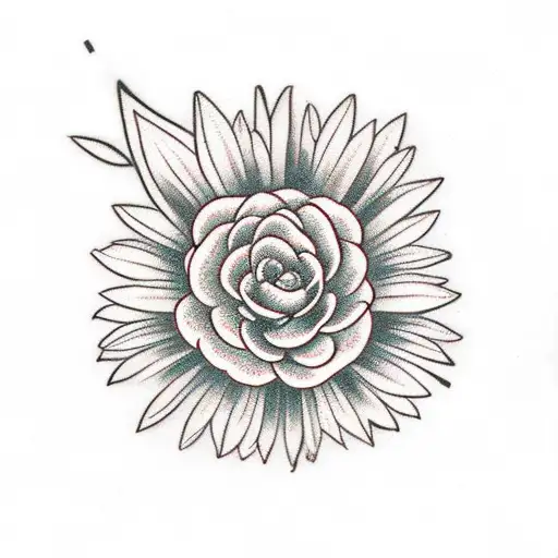 Cross in the center, surrounded by chrysanthemum, daisy, marigold, gladiolus in each of the 4 corners.  tattoo design idea