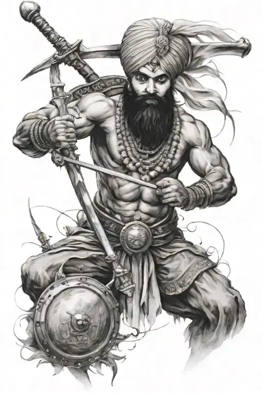 Sikh warrior with weapons, time piece, writing saying teekh taakh, heart tattoo design idea