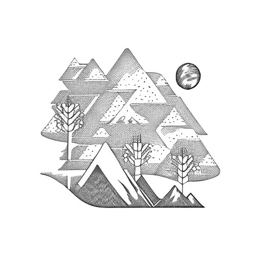 A disc golf basket nestled among towering mountains tattoo design idea