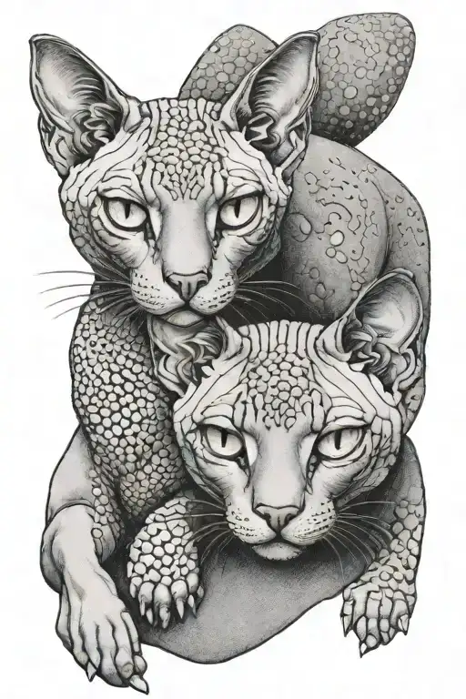 Two Sphynx cats. Cats are black and white. One cat's eyes are yellow. The second cat's eyes are blue. tattoo design idea
