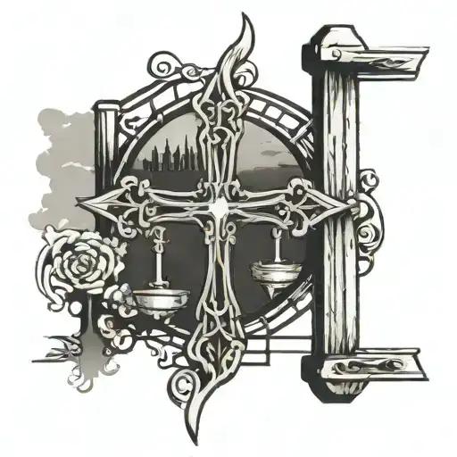 upside down cross with fence  background    tattoo design idea