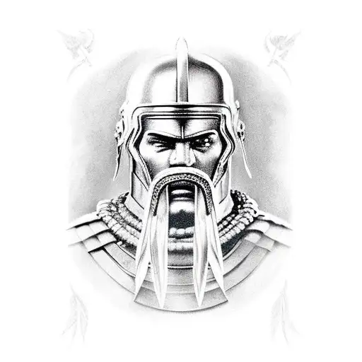 Spartan warrior looking up at a larger spartan warrior  tattoo design idea