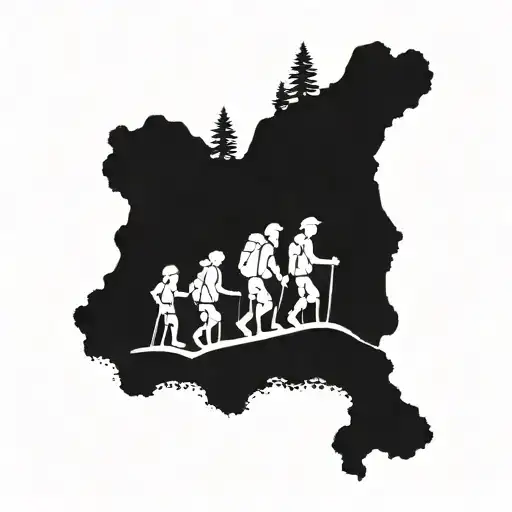 A dotwork tattoo of a family hiking together in the Geiranger fjord tattoo design idea