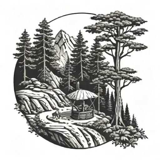 A detailed blackwork tattoo of a discgolf basket nestled in a mountain forest scene tattoo design idea