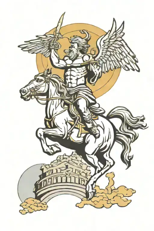 Zeus with lightning bolts looking down on Pegasus flying over Roman coliseum  tattoo design idea