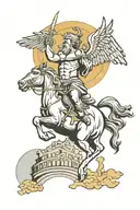 Zeus with lightning bolts looking down on Pegasus flying over Roman coliseum  tattoo design idea