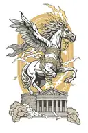 Zeus with lightning bolts looking down on Pegasus flying over Roman coliseum  tattoo design idea