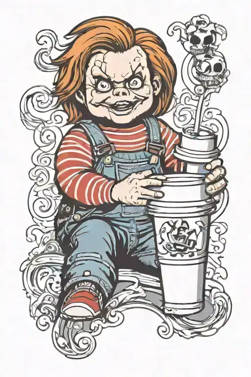 Chucky Holding a white plastic cup floating tattoo design idea