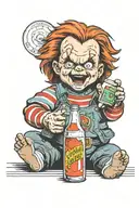 Chucky holding a bottle of soda sprite tattoo design idea