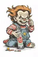 Chucky holding a bottle of soda sprite tattoo design idea