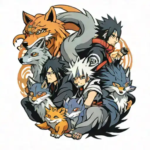 naruto, sasuke, itachi, kakashi, madara kurama 9 tailed fox high resolution 8k tattoo design idea
