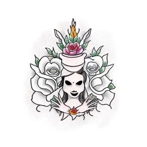 A traditional tattoo design featuring two ghosts holding hands, with the female ghost wearing a flower crown and the male ghost holding an ice coffee tattoo design idea