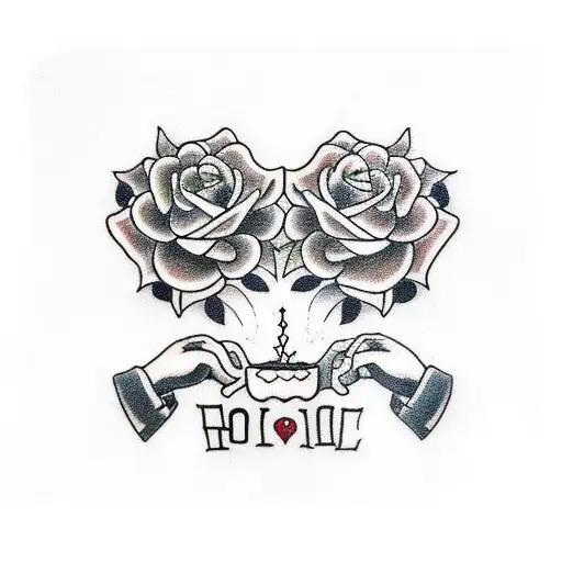 A traditional tattoo design featuring two ghosts holding hands, with the female ghost wearing a flower crown and the male ghost holding an ice coffee tattoo design idea