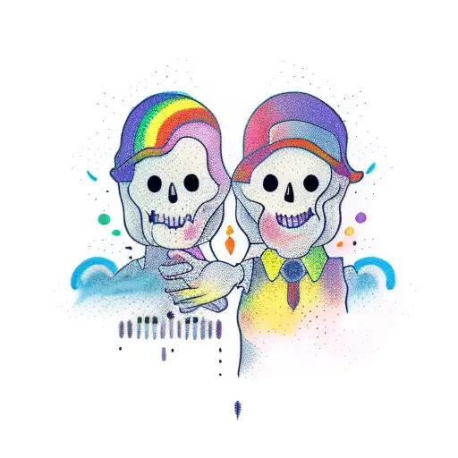 A new-school tattoo design of two ghosts holding hands, with the female ghost surrounded by colorful rainbow smoke and the male ghost surrounded by coffee beans tattoo design idea