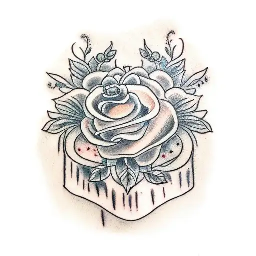 A traditional tattoo design featuring two ghosts holding hands, with the female ghost wearing a flower crown and the male ghost holding an ice coffee tattoo design idea