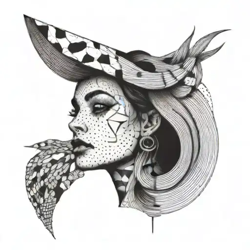 Serialism ayes girl abstract lines black and white tattoo design idea