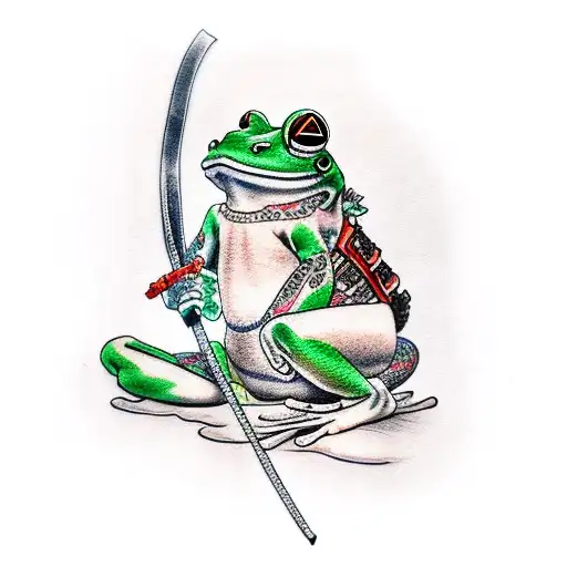 japanese frog tattoo kaeru with tattoes on its body holding a samurai sword tattoo design idea