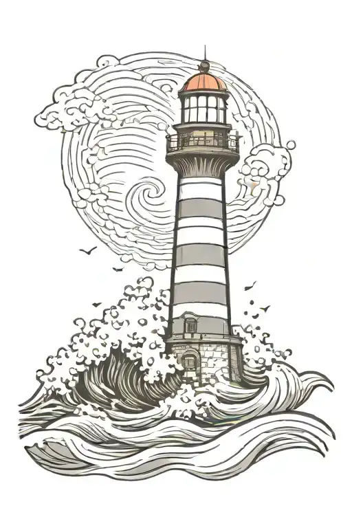 lighthouse surrounded by waves crashing tattoo design idea