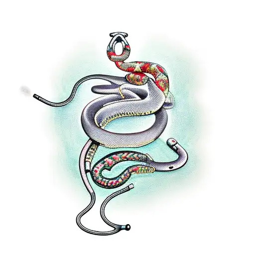 A nurse's stethoscope wrapped around a snake with floral patterns tattoo design idea