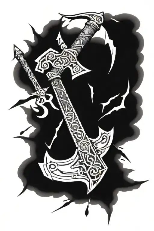 An elegant design featuring crossed weapons like swords and axes, surrounded by mystical runes tattoo design idea