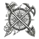 An elegant design featuring crossed weapons like swords and axes, surrounded by mystical runes tattoo design idea