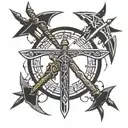 An elegant design featuring crossed weapons like swords and axes, surrounded by mystical runes tattoo design idea