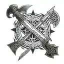 An elegant design featuring crossed weapons like swords and axes, surrounded by mystical runes tattoo design idea