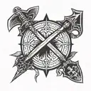 An elegant design featuring crossed weapons like swords and axes, surrounded by mystical runes tattoo design idea