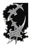 An elegant design featuring crossed weapons like swords and axes, surrounded by mystical runes tattoo design idea