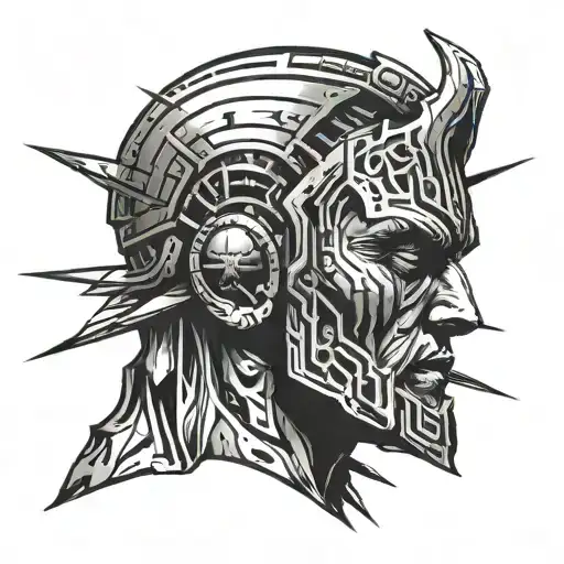 A powerful depiction of the cleveland guardians statue head, with intense laser beams shooting out of its eyes tattoo design idea