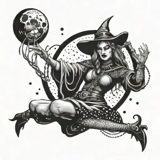 Sinister witch casting a spell under a full moon tattoo design idea