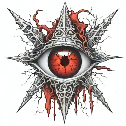 Satanic cross Realistic Eye, cracked and bleeding. dark black and blood red. golden cross. demonic. thorns bleeding  tattoo design idea